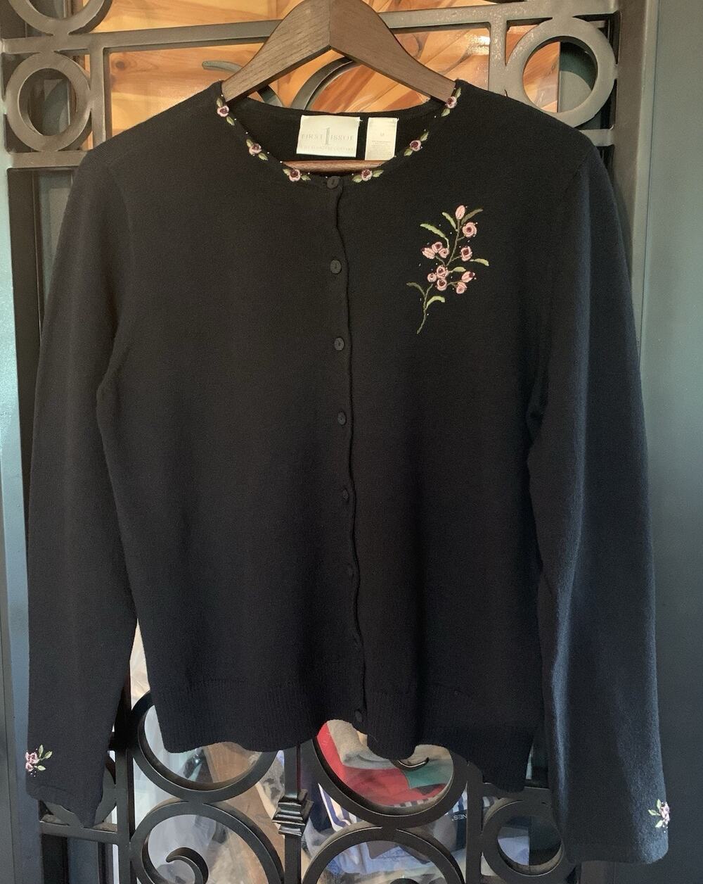Vintage First Issue Liz Claiborne Womens Cardigan Sweater M Embroidered Black